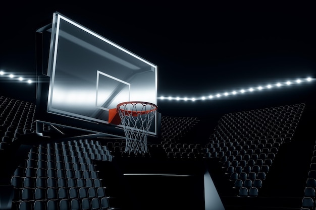 Sala de baloncesto negra con gradas vacías cancha de baloncesto oscura estadio de baloncesto Concepto de baloncesto apuestas deportivas Espacio de copia Ilustración 3D Representación 3D