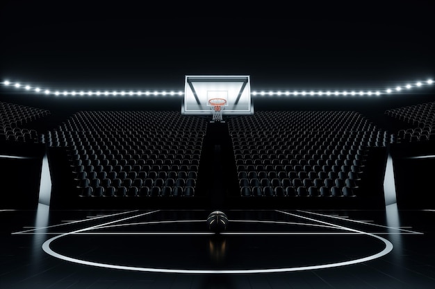 Sala de baloncesto negra con gradas vacías cancha de baloncesto oscura estadio de baloncesto Concepto de baloncesto apuestas deportivas Espacio de copia Ilustración 3D Representación 3D