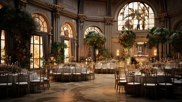 Sala de banquetes decorada para la boda