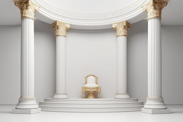 Sala blanca minimalista con columnas y una silla IA generativa