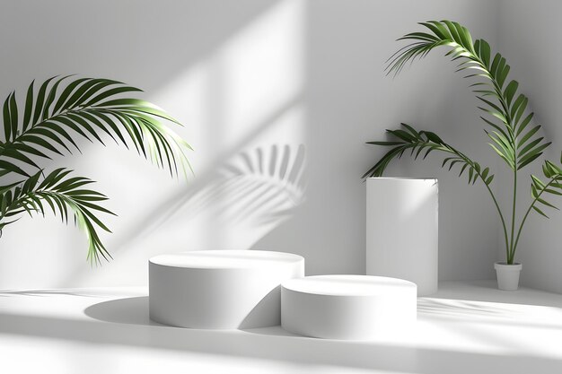 Sala blanca minimalista con plantas de palma y columnas