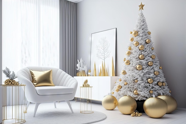 Sala blanca de Navidad con un árbol de Navidad decorado con juguetes dorados