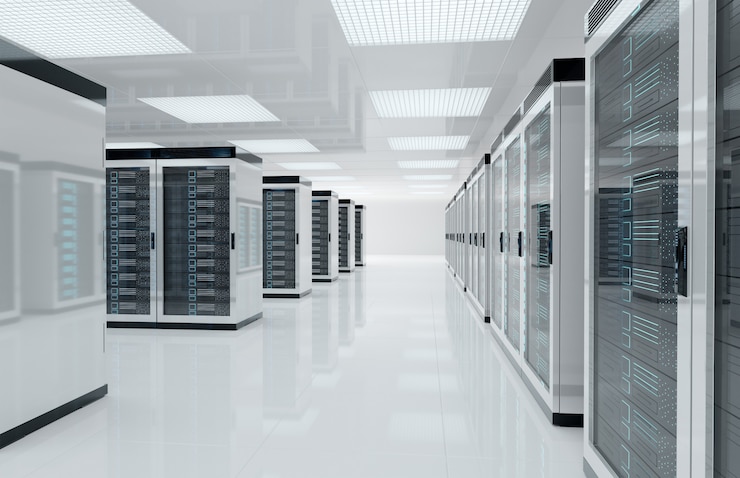 Sala blanca de servidores con computadoras y sistemas de almacenamiento Representación 3D