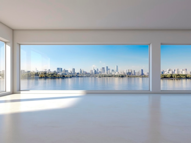 Sala blanca con vista panorámica a la ciudad y al río IA generativa