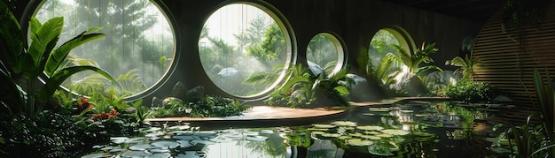 Foto sala botánica futurista con una exuberante vegetación