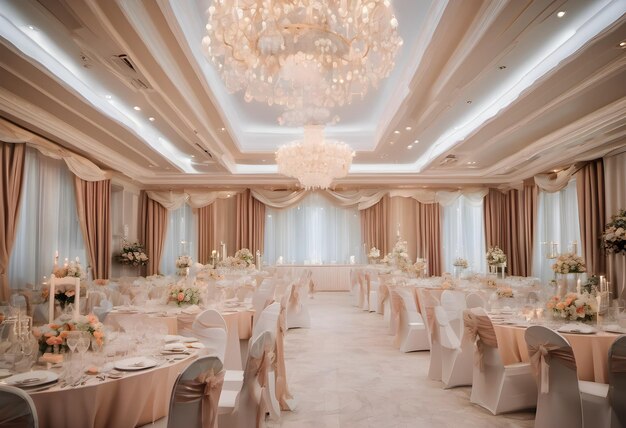 Sala brillante para una ceremonia de boda decorada en colores pastel restaurante