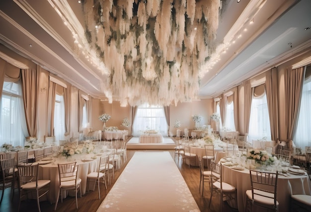 Sala brillante para una ceremonia de boda decorada en colores pastel restaurante