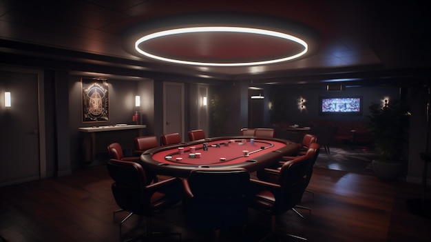 Una sala de casino con una mesa redonda y sillas de fieltro rojo.