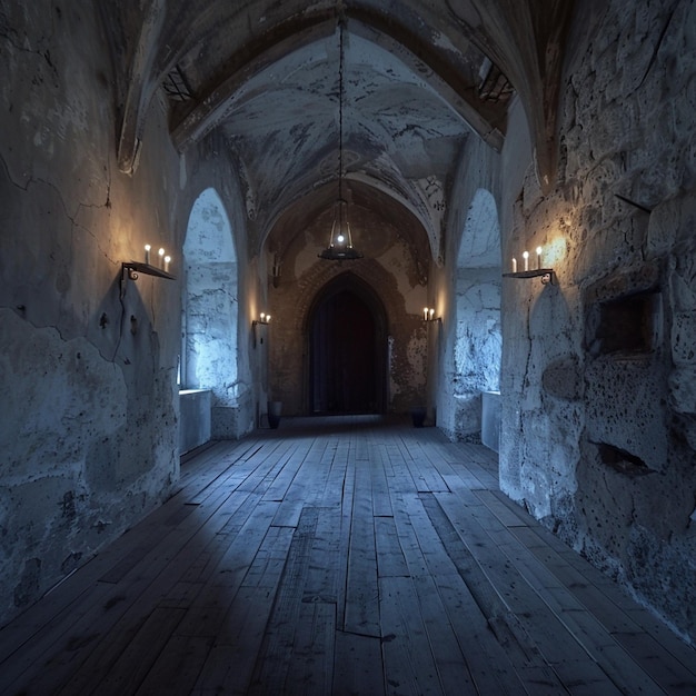 Sala del castillo medieval embrujado con una atmósfera misteriosa