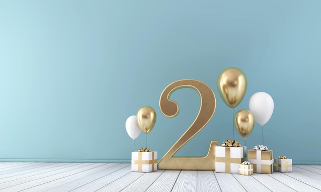 Sala de celebración de fiestas número 2 con globos dorados y blancos y presenta 3D Render
