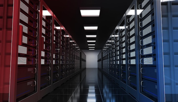 Sala de centro de datos de Internet con servidor y dispositivo de red en almacenamiento de datos en la nube de gabinete de rack
