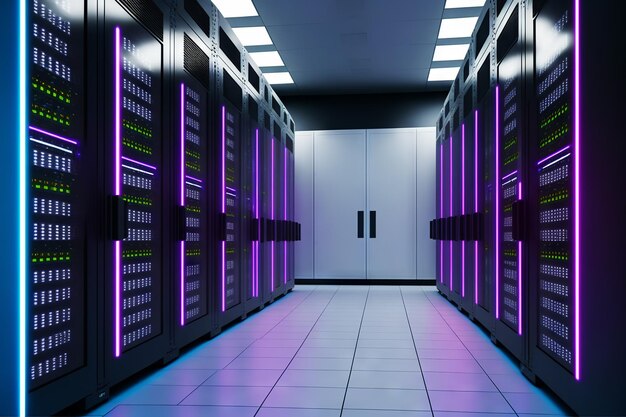 Sala de centro de datos de servidores oscuros con computadoras y sistemas de almacenamiento y elementos brillantes de color azul púrpura