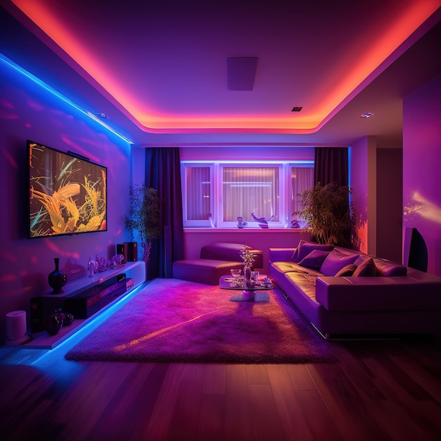 Sala de cine en casa con iluminación LED de colores Hogar inteligente