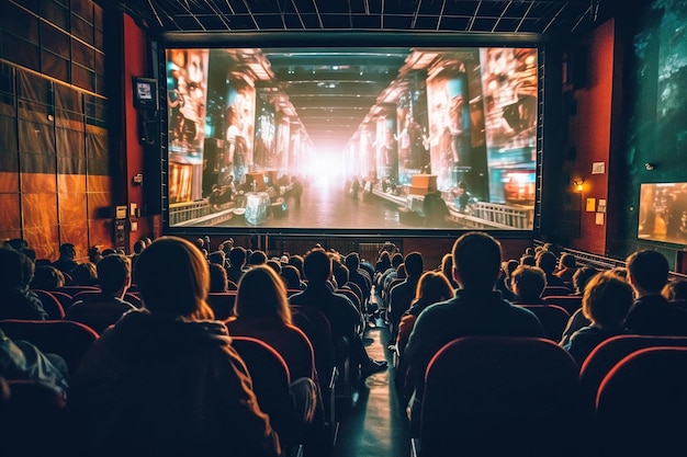 La sala de cine está llena de espectadores, se muestra una película en la pantalla vista desde detrás de la IA generativa