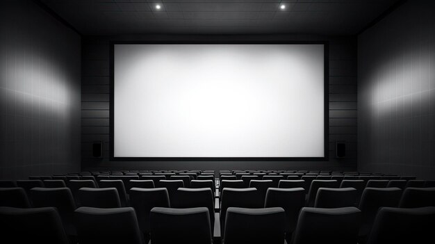 Foto una sala de cine con una pantalla blanca que dice 