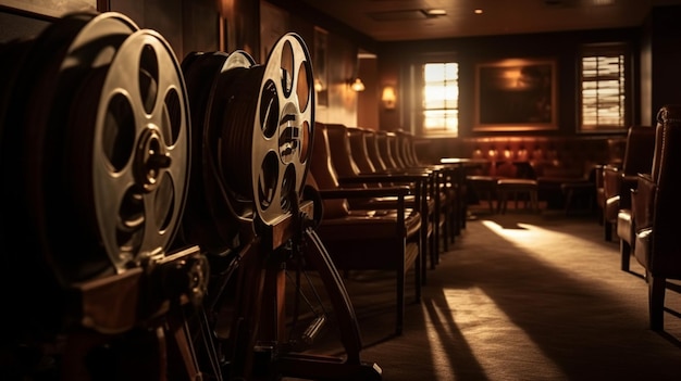 Una sala de cine con un rollo de película en la pared.