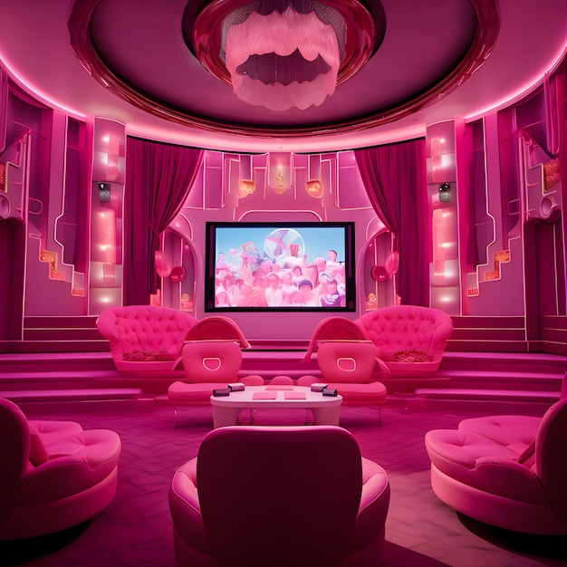 Sala de cine rosa estilo Barbie