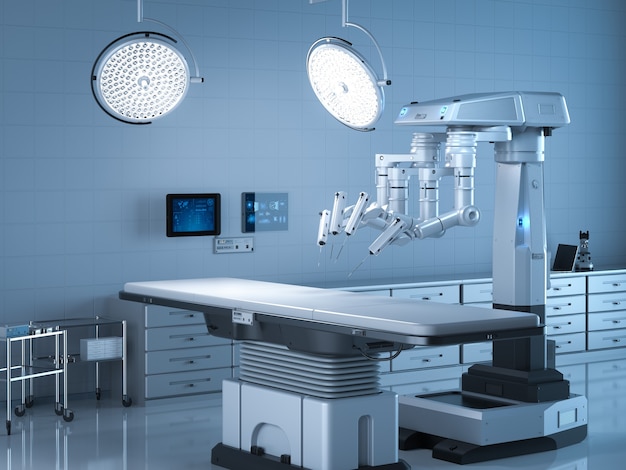 Sala de cirugía de renderización 3D con cirugía robótica y cama vacía