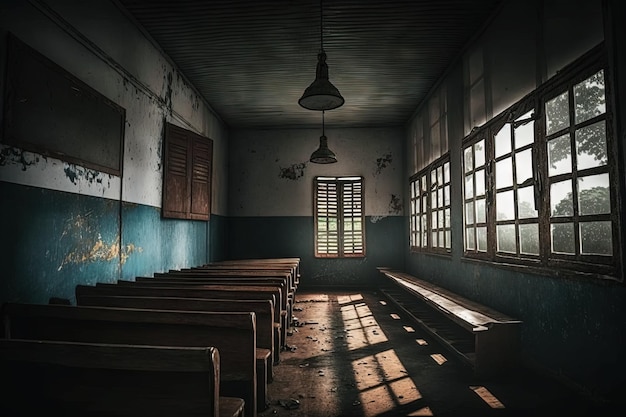 Sala de clase vacía con algunas ventanas brillantes Brasil