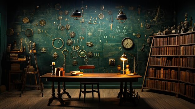 Una sala de clases escolar con lámpara de estantería, relojes de brújula y mesa