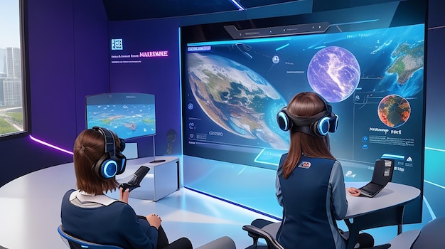 Una sala de clases holográfica futurista muestra la realidad virtual integrada en la experiencia de aprendizaje