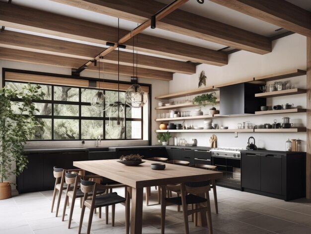 Sala de cocina de madera contemporánea moderna AI generativa