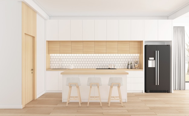 Sala de cocina minimalista con muebles blancos y piso de madera. Representación 3d