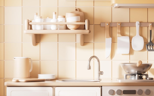 Sala de cocina con renderización en 3D al estilo de dibujos animados