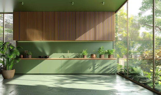 Sala de cocina verde y diseño interior minimalista en la pared de pizarra de madera de maqueta