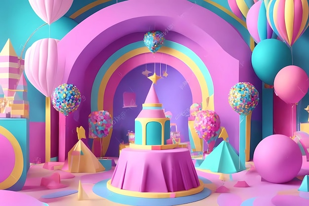 una sala colorida con un pastel y una fiesta en el medio.
