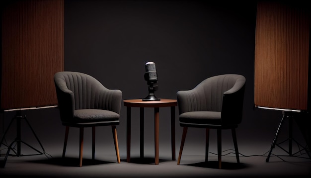 Sala com cadeira e microfone para podcast Generative AI