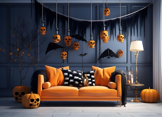 sala com decorações de halloween e um sofá