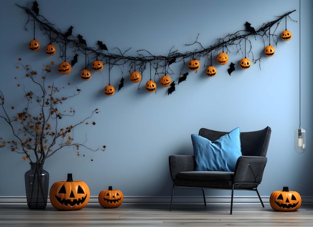 sala com decorações de halloween e um sofá