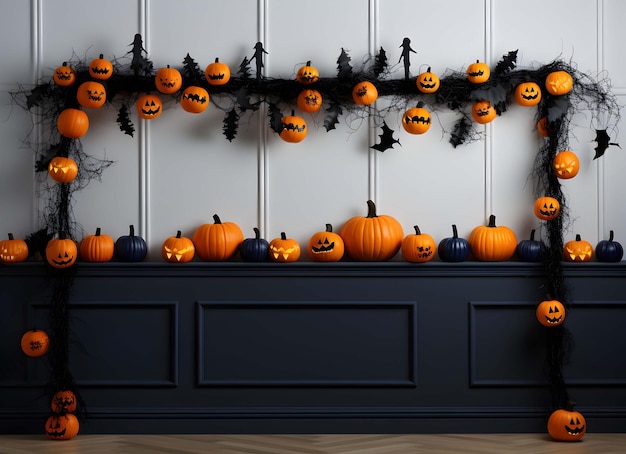 sala com decorações de halloween e um sofá