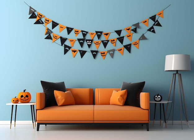 Foto sala com decorações de halloween e um sofá