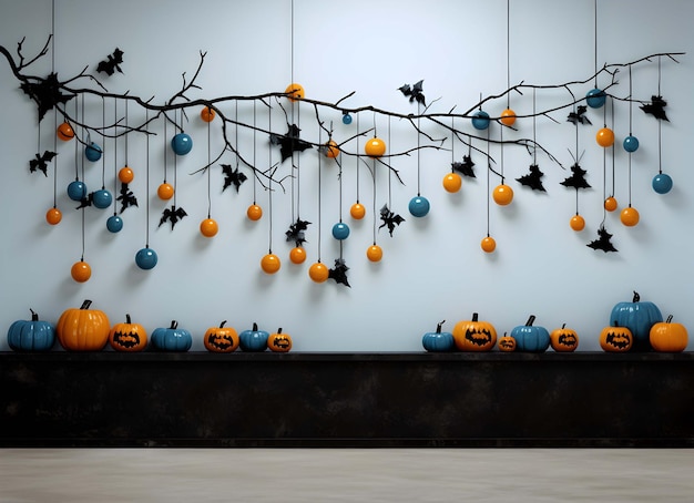 sala com decorações de halloween e um sofá