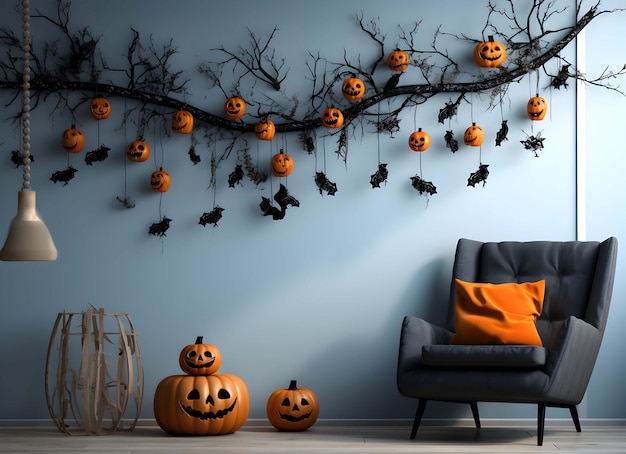 sala com decorações de halloween e um sofá