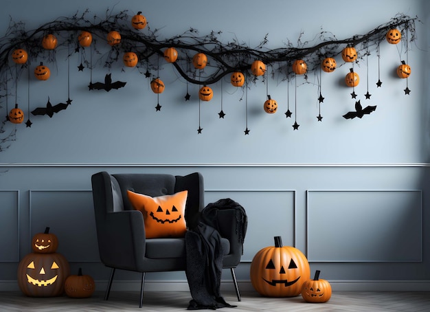 sala com decorações de halloween e um sofá