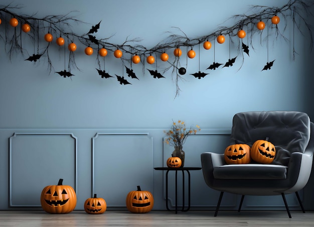 sala com decorações de halloween e um sofá