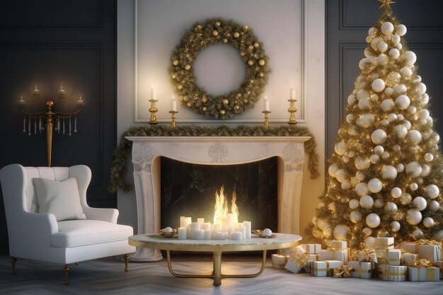 Sala com decorações para árvores de natal e lareira gerada por IA