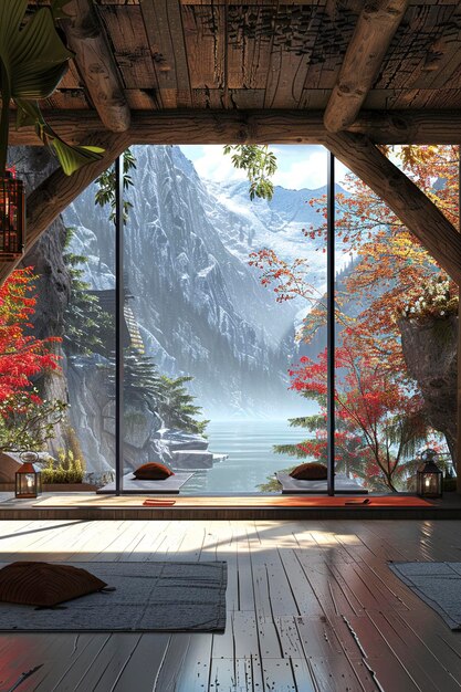Foto sala com grande janela redonda com vista para as montanhas
