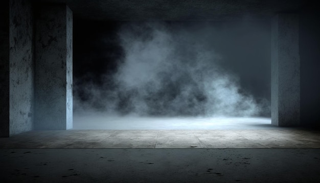 Sala com piso de concreto e fundo de fumaça azul