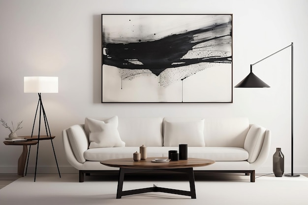 sala com sofá branco mesa de centro de madeira e quadro preto e branco