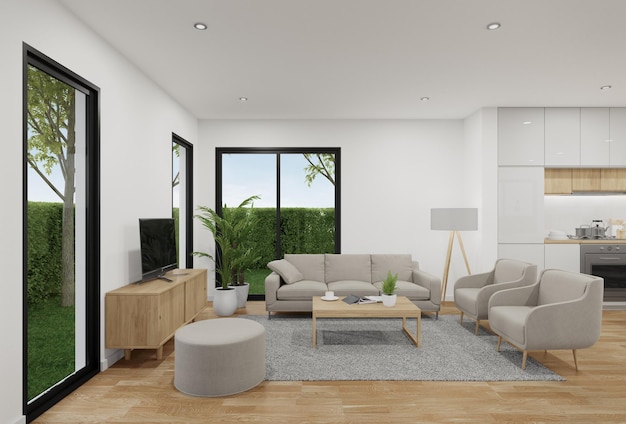 Sala com sofá e carpete em piso de madeira. renderização 3D do interior do edifício residencial.