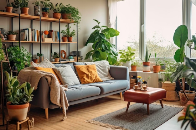 Sala com sofá e mesa de centro com plantas nas estantes.