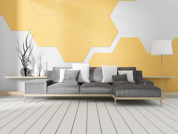 Sala com sofá e parede de azulejo hexagonal amarelo. renderização 3d