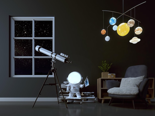 Sala com telescópio na janela Interior de cena noturna com lâmpada de astronauta e ilustração planet3d