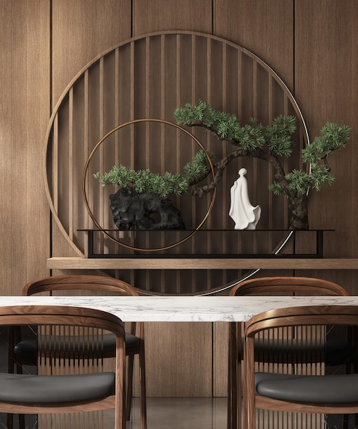 Sala de comedor de pared de paneles de madera de lujo oriental con mesa de comedor superior de mármol blanco y silla de madera a la luz del sol desde la ventana para diseño de interiores decoración de fondo de producto 3D