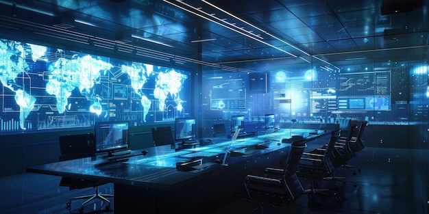 una sala de computadoras con un mapa del mundo en la pared