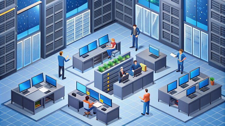Foto una sala de computadoras con personas trabajando en el fondo